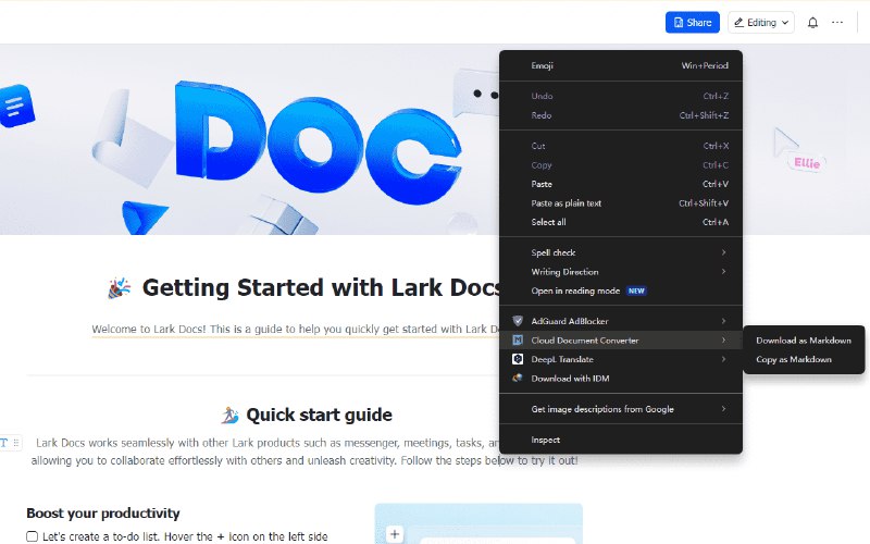 👉 名称：Cloud Document Converter🤖 类型：🤖软件👏 介绍：一个 Chrome 扩展， 支持下载、复制飞书云文档为 Markdown：