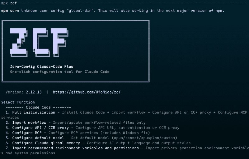 👉 名称：zcf🤖 类型：🎯项目👏 介绍：UfoMiao/zcf 是一个零配置的 Claude 代码流程工具，支持多语言操作，提供了一个交互式菜单来简化安装和配置流程，包括安装 Claude Code、导入工作流程、配置 API 或 CCR 代理、设置 MCP 服务、选择默认模型、配置 AI 记忆以及安装其他辅助工具等功能