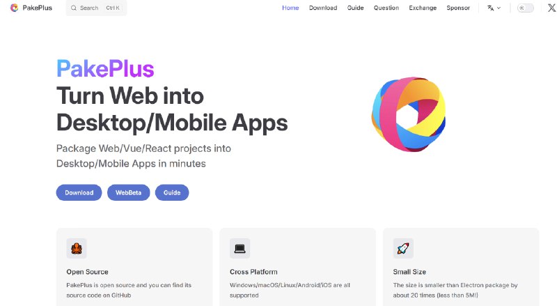 PakePlus：  一个开源工具，可将网页/Vue/React项目快速打包成跨平台的桌面和移动应用（支持Windows/macOS/Linux/Android/iOS），体积比Electron小20倍（小于5MB）