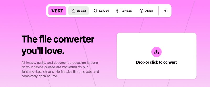 👉 名称：vert.sh🤖 类型：🕸网站👏 介绍：VERT.sh 提供了一个全面的文件转换服务，涵盖图片、音频、文档和视频等多种格式的处理
