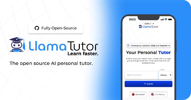 👉 名称：llamatutor🤖 类型：🎯项目👏 介绍：一个开源的 AI 个人专属导师，由 Llama 3 70B 和 Together.ai 提供支持：