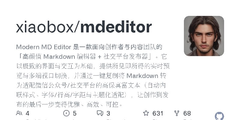 GitHub - xiaobox/mdeditor: Modern MD Editor 是一款面向创作者与内容团队的「高颜值 Markdown 编辑器 + 社交平台发布器」。它以极致的界面与交互为基础，提供所见即所得的实时预览与多端视口切换，并通过一键复制将…