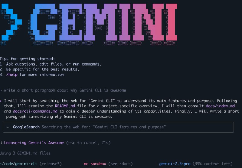 👉 名称：gemini-cli🤖 类型：🎯项目👏 介绍：Gemini CLI  是谷歌开源的 AI 编程工具，目前来看可以说是免费的：每分钟 60 次请求，每天 1000 次请求：