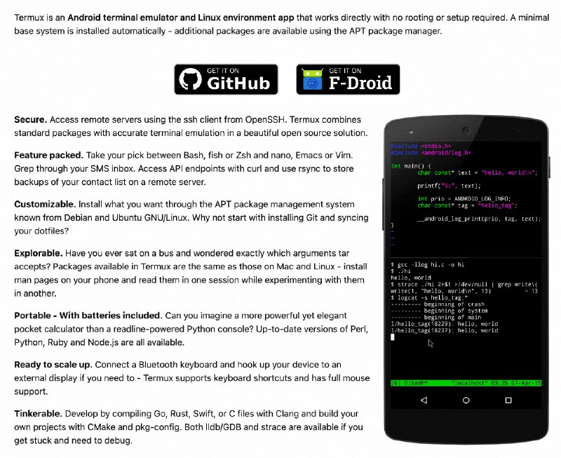👉 名称：termux-app🤖 类型：🤖软件👏 介绍：Termux 是一个为 Android 操作系统设计的终端模拟器应用程序，它可以通过各种软件包进行扩展，支持 Linux 环境：