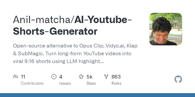 GitHub - Anil-matcha/AI-Youtube-Shorts-Generator: Open-source alternative to Opus Clip, Vidyo.ai, Klap & SubMagic. Turn long-form…