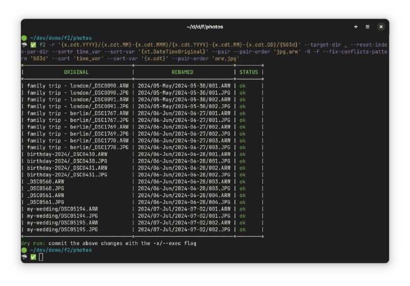 f2 跨平台的批量重命名工具 #重命名一款命令行批量重命名工具，完全用 Go 语言编写，支持正则表达式、自动解决冲突、撤销等功能