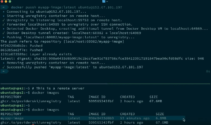 👉 名称：unregistry🤖 类型：🎯项目👏 介绍：直接将 Docker 镜像推送到远程服务器，无需外部注册表：