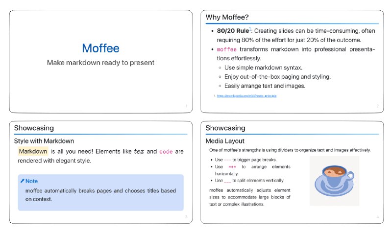 👉 名称：moffee🤖 类型：🎯项目👏 介绍：开源的 Markdown 幻灯片制作工具，可以将 Markdown 文档转换为专业的幻灯片