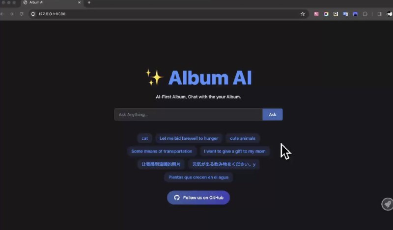 👉 名称：album-ai🤖 类型：🎯项目👏 介绍：挺有想法的项目，基于 gpt-4o-mini 作为视觉模型，自动识别出相册中图像文件的元信息，然后借助 RAG 技术，实现了与相册对话的能力：