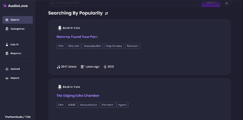 AudioLe：在线大人ASMR资源网站 #NSFW #ASMR一个在线大人ASMR资源网站，收集了各种类型的ASMR声音资源，用户可以搜索和浏览各种类别的音频作品，并使用不同的过滤器来查找他们喜欢的内容，提供注册和登录功能，用户还可以上传和导入音频文件等等