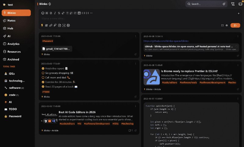 👉 名称：blinko🤖 类型：🎯项目👏 介绍：- Blinko 是一个创新的开源项目，专为那些想要快速捕捉和组织灵感的人设计