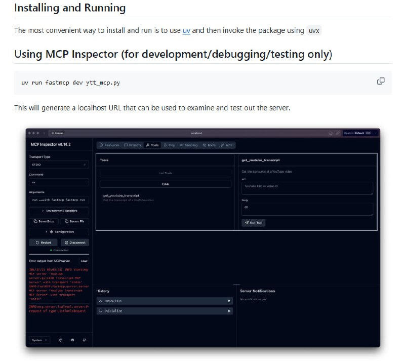 ytt-mcp：YouTube 字幕抓取 MCP 服务器，实现视频内容高效提取与智能摘要：• 基于 MCP（Multi-Channel Protocol）架构，专注于获取 YouTube 视频的字幕文本，支持快速调用与解析