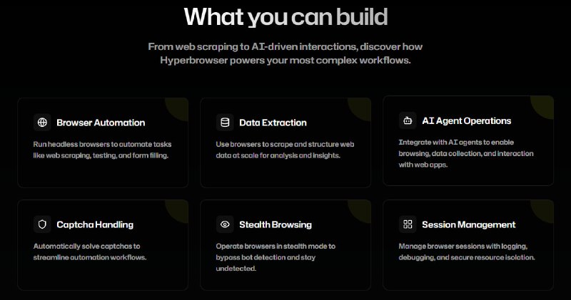 HyperAgent：赋能 Playwright 的智能浏览器自动化新范式   | github• 通过自然语言指令驱动，告别脆弱的硬编码脚本，支持 page.ai()、page.extract()、executeTask() 等简洁 API 完成复杂自动化任务🤖  • 内置隐身模式，有效规避反爬虫检测，保障自动化任务稳定运行🥷  • 云端即刻扩展，结合 Hyperbrowser 实现数百会话的无头浏览器弹性伸缩☁️  • 支持多页面并行管理，精细掌控不同任务执行流程，提升效率与灵活性  • 自定义输出结构，利用 zod 进行数据模式定义，确保提取数据精准且规范  • 兼容多种 LLM 提供商（如 OpenAI、Anthropic），方便根据需求快速切换底层模型  • 具备完整 MCP 客户端能力，可无缝连接 Composio 等工具，实现场景级复杂工作流（如自动写入 Google Sheets）🔌  • 支持 CLI 调试和远程云浏览器切换，覆盖开发到生产全生命周期需求  • 自定义动作扩展框架，允许用户按需开发专属功能，极大提升适用范围和灵活度  HyperAgent 将浏览器自动化提升至智能代理层面，彻底改变自动化脚本的构建与维护方式，是面向未来的高效自动化解决方案