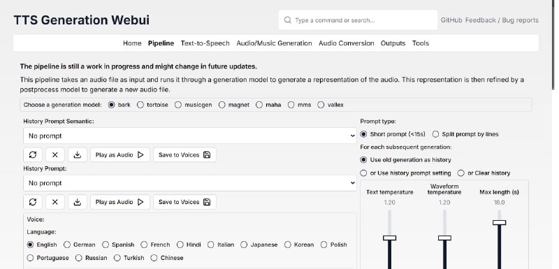 TTS WebUI：（github）集成多款主流语音合成与音频生成模型的开源Web界面，兼容Gradio与React，适合深度定制与高效开发