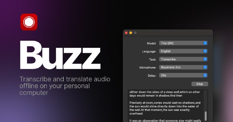 Buzz，音频转录与翻译工具#语音转文字 #音频翻译开箱即用且操作简单，支持语音转文字、音频翻译、多种语言和离线使用，适用于 macOS、Windows 和 Linux 平台