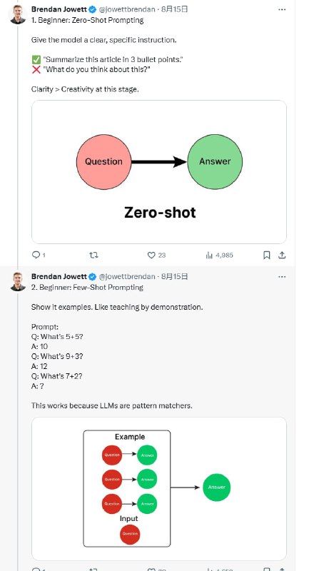 掌握LLM高效提示的10大技巧，远超常规用法，彻底提升生成结果质量：1. 初级阶段——建立清晰指令与示范基础  • 零样本提示（Zero-Shot）：直接给出明确、具体的任务指令，避免模糊开放式提问