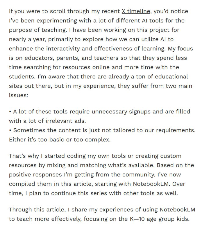 《My Experiments with NotebookLM for Teaching》利用 NotebookLM 改变教学方式，AI 助力个性化与高效学习：• 自动生成时间线🕰：从教材或论文提取关键节点，直观呈现事件发展脉络，帮助学生建立知识结构，提升记忆效果