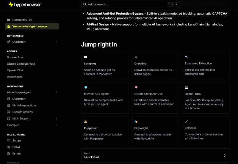 HyperAgent：赋能 Playwright 的智能浏览器自动化新范式   | github• 通过自然语言指令驱动，告别脆弱的硬编码脚本，支持 page.ai()、page.extract()、executeTask() 等简洁 API 完成复杂自动化任务🤖  • 内置隐身模式，有效规避反爬虫检测，保障自动化任务稳定运行🥷  • 云端即刻扩展，结合 Hyperbrowser 实现数百会话的无头浏览器弹性伸缩☁️  • 支持多页面并行管理，精细掌控不同任务执行流程，提升效率与灵活性  • 自定义输出结构，利用 zod 进行数据模式定义，确保提取数据精准且规范  • 兼容多种 LLM 提供商（如 OpenAI、Anthropic），方便根据需求快速切换底层模型  • 具备完整 MCP 客户端能力，可无缝连接 Composio 等工具，实现场景级复杂工作流（如自动写入 Google Sheets）🔌  • 支持 CLI 调试和远程云浏览器切换，覆盖开发到生产全生命周期需求  • 自定义动作扩展框架，允许用户按需开发专属功能，极大提升适用范围和灵活度  HyperAgent 将浏览器自动化提升至智能代理层面，彻底改变自动化脚本的构建与维护方式，是面向未来的高效自动化解决方案