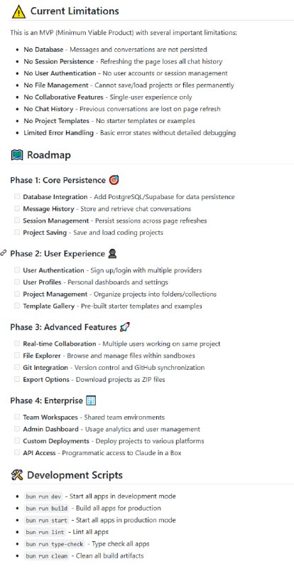 Claude in a Box 提供了一个基于 ChatGPT Canvas 风格的交互界面，结合 Claude Code AI 助手，运行于安全隔离的 E2B 沙箱环境中，实现代码实时开发与预览