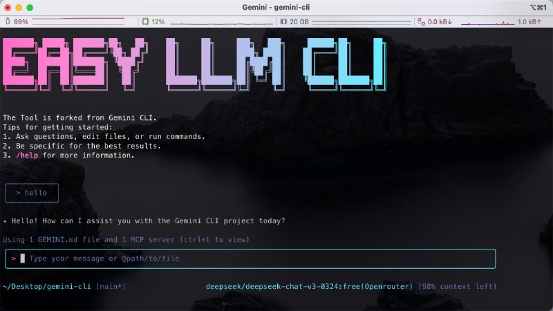 Easy LLM CLI：一款开源多模型兼容的 AI agent，专为开发者打造高效命令行 AI 工作流工具  | #工具• 支持 Gemini、OpenAI 及任意兼容 OpenAI API 格式的自定义 LLM，轻松切换不同模型，无需更改操作习惯  • 具备大上下文窗口，能查询并编辑超大代码库，极大提升代码理解和改写效率  • 多模态能力支持从 PDF、草图直接生成应用，自动化处理复杂运维任务，如 PR 查询、复杂 rebase 等  • 通过工具和 MCP 服务器扩展能力，连接本地系统工具和企业协作套件，打造个性化自动化流程  • 简单环境变量配置，支持多维度模型测试（链式思考、多任务复杂度、工具调用、Token 计数等），兼容主流及本地部署模型  • 提供 NPM 方式集成，方便嵌入应用，支持生成图表、分析代码、构建项目等多样场景  使用门槛低，功能强大，适合需要快速构建 AI 驱动开发和运维工具的团队与个人